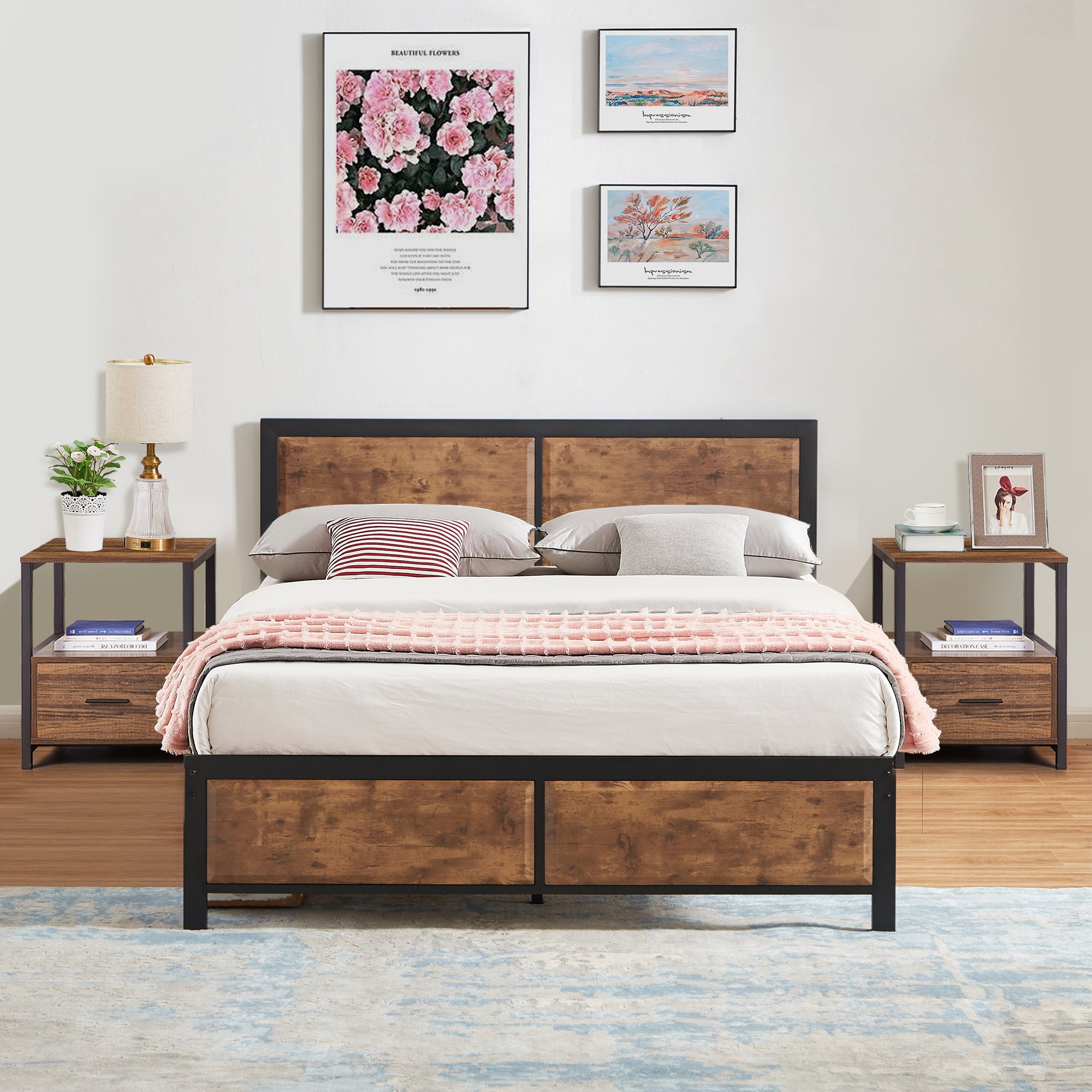 VECELO Modern 3Piece Bedroom Set, Full Platform Bed Frame with Wood