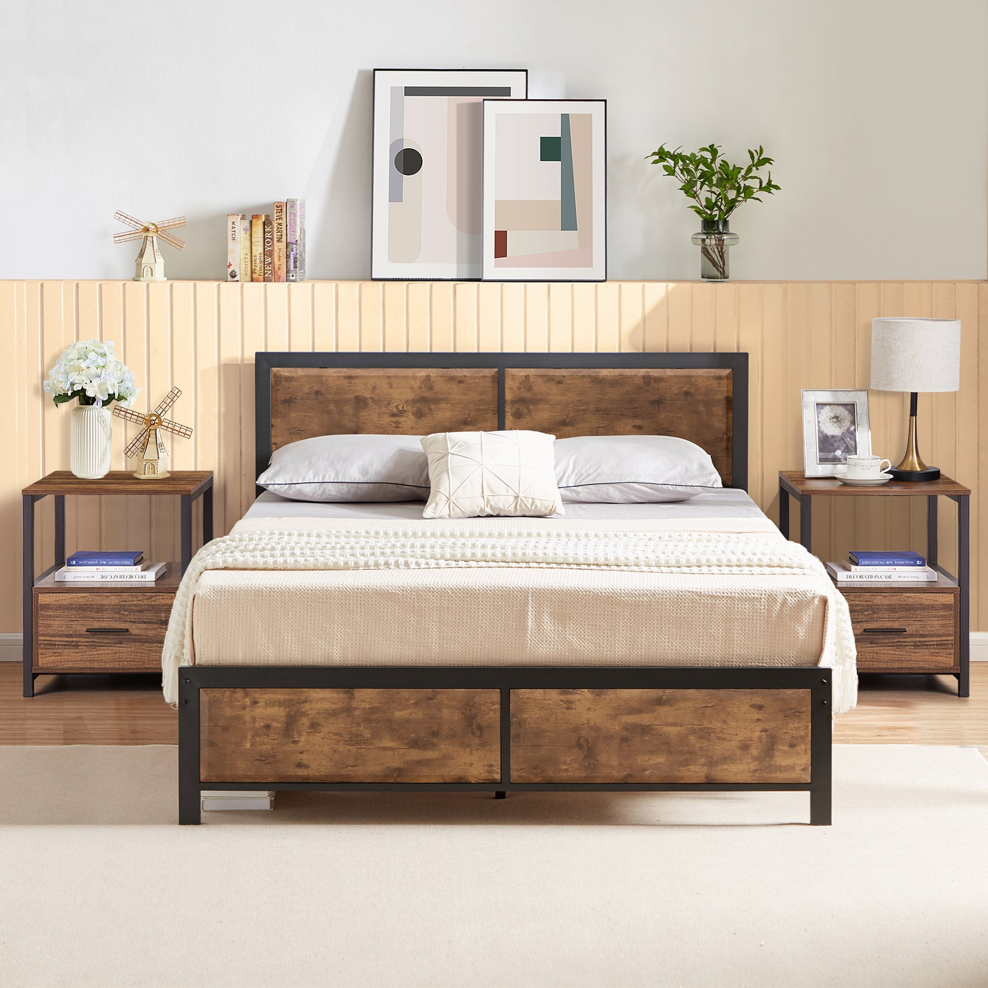 VECELO Modern 3Piece Bedroom Set, Queen Platform Bed Frame with Wood