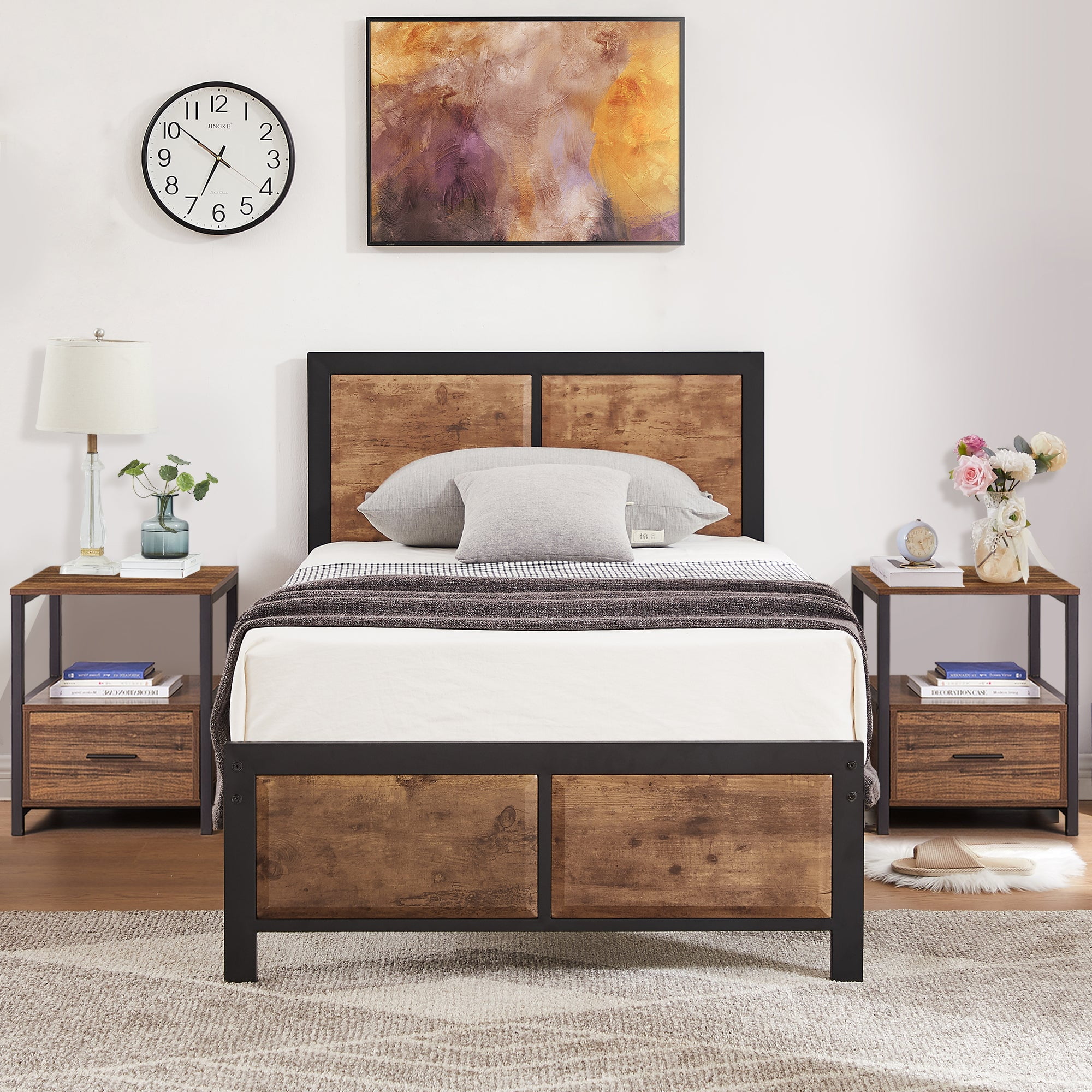 VECELO Modern 3Piece Bedroom Set, Twin Platform Bed Frame with Wood