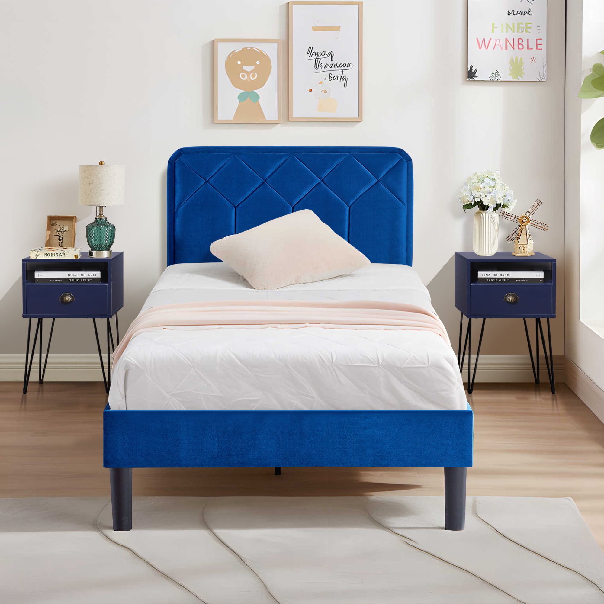 VECELO Modern 3Piece Blue Bedroom Set, Twin Upholstered Bed Frame with