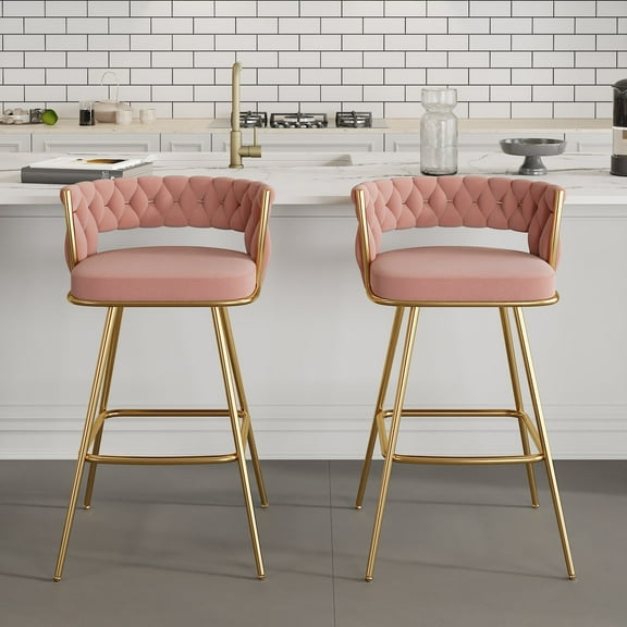 VECELO Modern Braided Bar Stools Set of 2 – Velvet Counter Height Upholstered Stools with Woven Back Support & Footrest, Heavy-Duty Metal Frame Bar Chairs for Kitchen Island,Pink