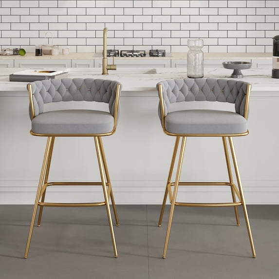 VECELO Modern Braided Bar Stools Set of 2 – Velvet Counter Height Upholstered Stools with Woven Back Support & Footrest, Heavy-Duty Metal Frame Bar Chairs for Kitchen Island,Grey
