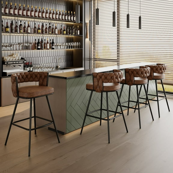 VECELO Modern Braided Bar Stools Set of 4 – Faux Leather Counter Height Stools with Woven Back Support & Footrest, Heavy-Duty Metal Frame Bar Chairs for Kitchen Island,Brown