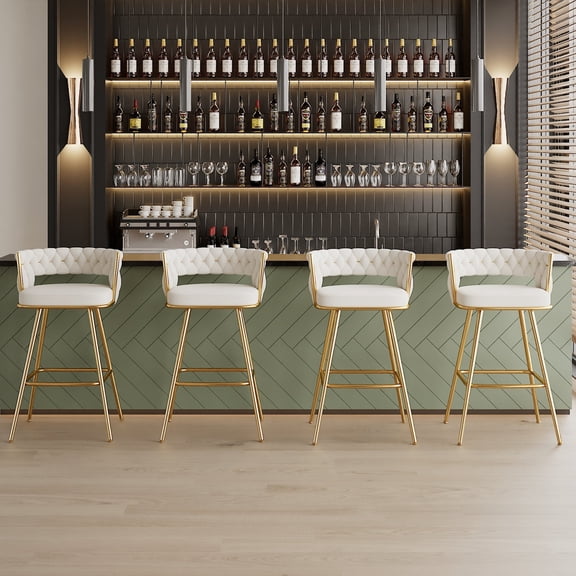 VECELO Modern Braided Bar Stools Set of 4 – Velvet Counter Height Stools with Woven Back Support & Footrest, Heavy-Duty Metal Frame Bar Chairs for Kitchen Island,White