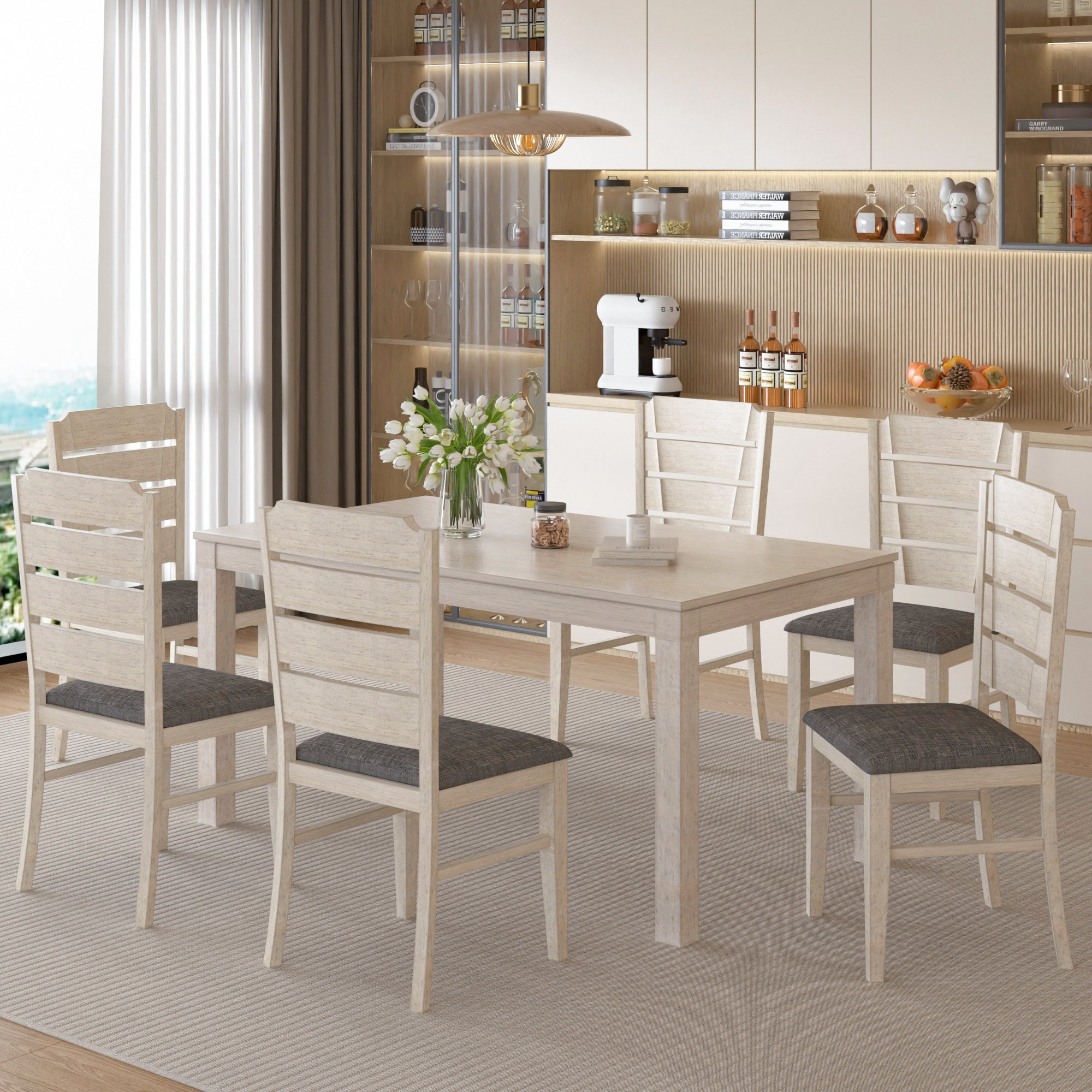 VECELO Modern Solid Wood Dining Table 7 Piece Set with 6 Chairs, 62.99 ...