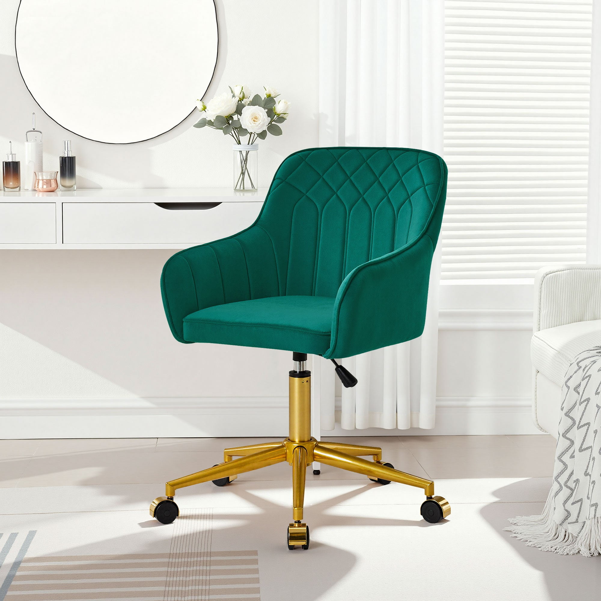 VECELO Modern Velvet Accent Chair, Upholstered Swivel Desk Chair with Gold Base, Adjustable Height Vanity Chair with Wheels for Study, Living Room, Bedroom, Green