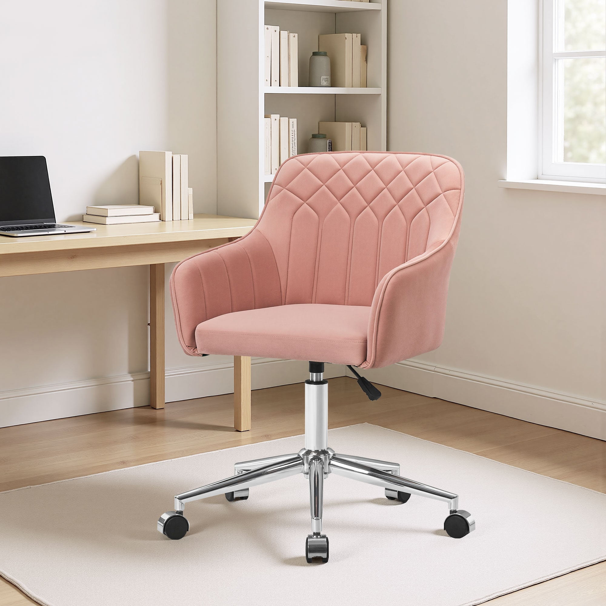 VECELO Modern Velvet Accent Chair, Upholstered Swivel Desk Chair with Silver Base, Adjustable Height Vanity Chair with Wheels for Study, Living Room, Bedroom, Pink