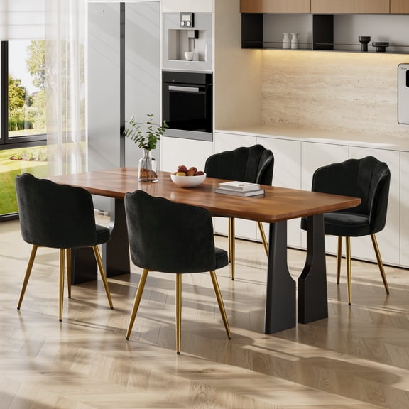 VECELO Modern Velvet Dining Chairs Set of 4, Upholstered Kitchen Chairs with Thick Cushions, Curved Padded Backrest and Gold Metal Legs, for Kitchen, Dining Room, Living Room, Black