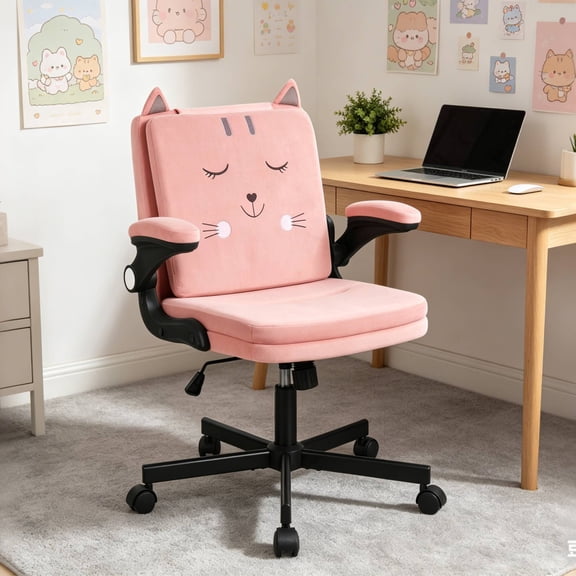 VECELO Moveable Office Chair, Ergonomic Desk Chair with Flip-Up Armrests and Wheels, Adjustable Swivel Computer Chair, Comfortable Upholstered Task Chair for Home Bedroom Office, Pink