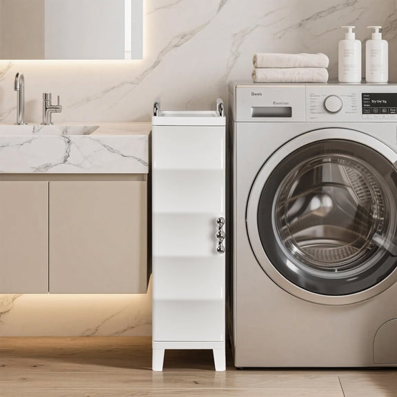 VECELO Narrow Bathroom Storage Cabinet with Door, 28.7” H Slim Freestanding Foldable Cabinet with Adjustable Shelves, for Small Spaces, Kitchen, White