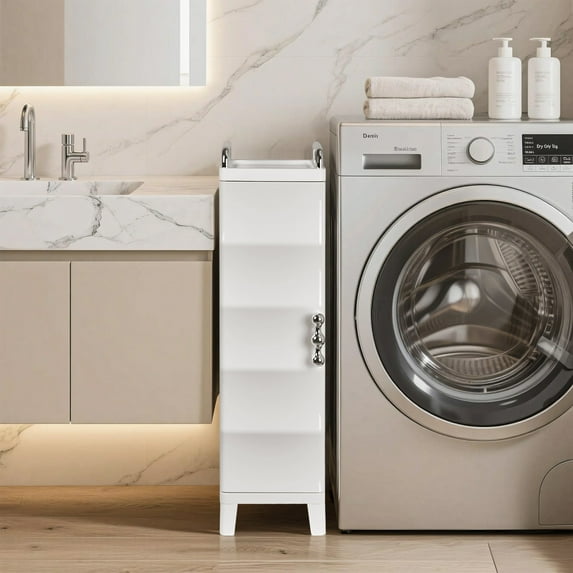 VECELO Narrow Bathroom Storage Cabinet with Door, 28.7” H Slim Freestanding Foldable Cabinet with Adjustable Shelves, for Small Spaces, Kitchen, White