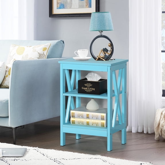 VECELO Nightstand End Table with 3-tier Storage Shelf for Living Room/Bedroom/Office, Light Blue