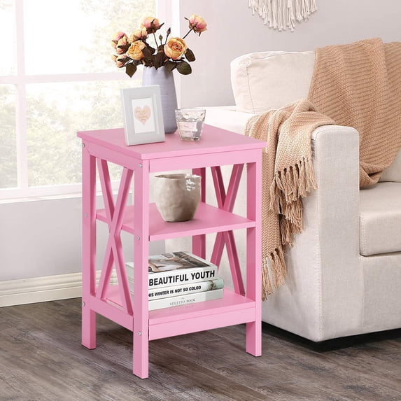 VECELO Nightstand End Table with 3-tier Storage Shelf for Living Room/Bedroom/Office, Pink