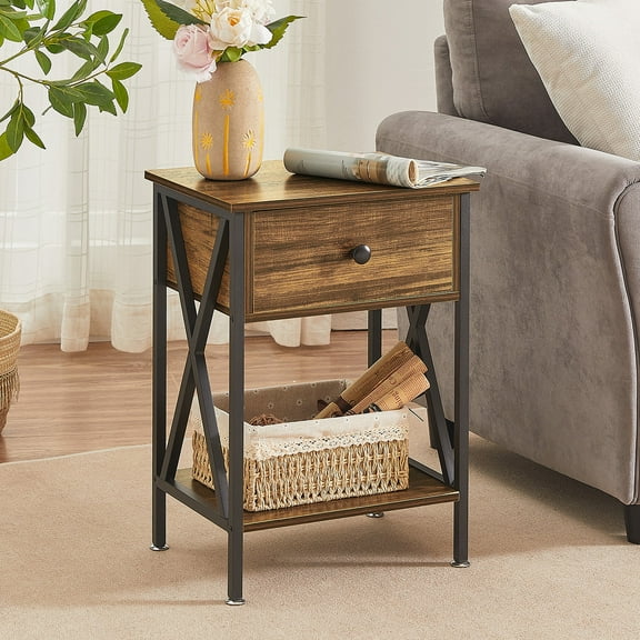 VECELO Nightstand with 1-Drawer, Industrial End Table with Open Shelf, Modern X-shaped Side Design, Brown