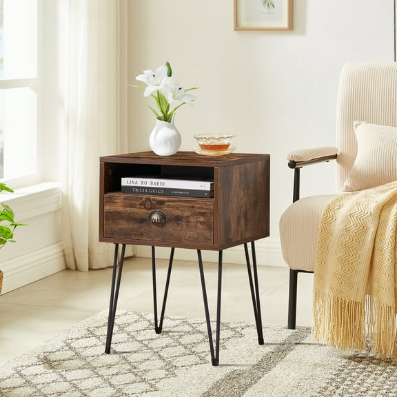 VECELO Nightstand with 1-Drawer and Metal Legs, Sofa End Table for Living Room Bedroom Office, Brown