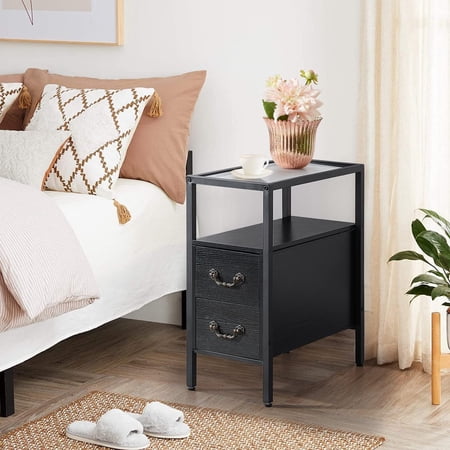 VECELO Nightstand with 2-Drawer, End Side Table Tempered Glass Top Storage Shelf, Black