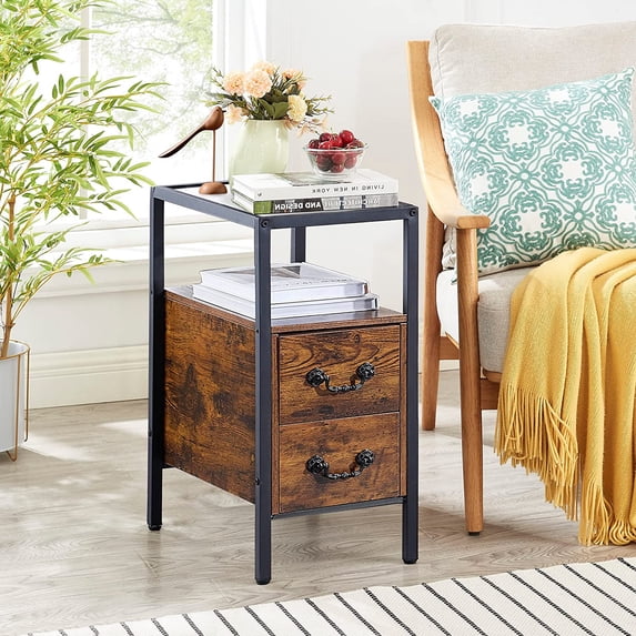 VECELO Nightstand with 2-Drawer, Tempered Glass Tabletop End Table Storage Shelf, Brown