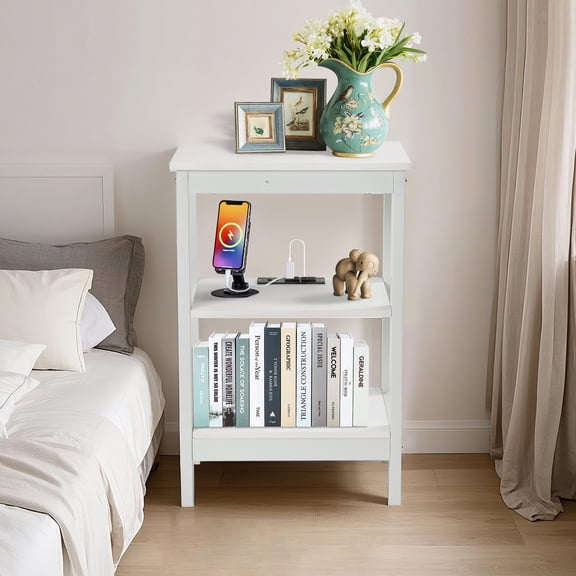VECELO Nightstand with Charging Station, 3-Tier End Table with USB Ports and Outlets, Bedside Table for Small Space, Living Room, Bedroom, White