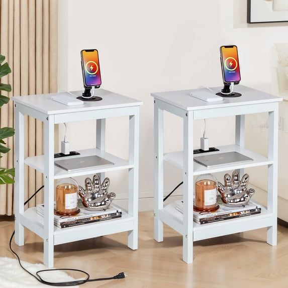 VECELO Nightstand with Charging Station, Set of 2 End Table with USB Ports and Outlets, 3-Tier Storage Side Table for Living Room, Bedroom, White