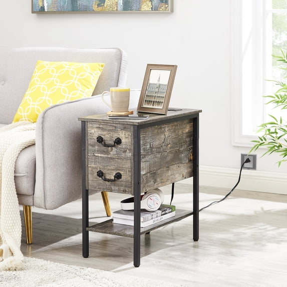 VECELO Nightstand with Charging Station, Tall End/Side Table with 2-Drawer and Storage Shelf, 2 USB Port & 2 Power Outlets, Oak Gray