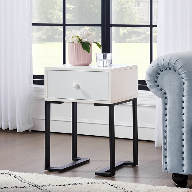 VECELO Nightstand with Drawer, Modern Simply Side End Table for Bedroom Living room Office and Small Space, Metal Frame Support, White