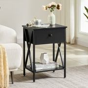 VECELO Nightstand with Drawer, Modern X-Design Side End Table, Bedside Storage Shelf for Bedroom, Living Room, Home Office, Black