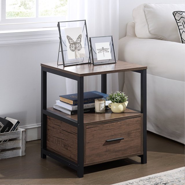 VECELO Nightstand with Drawer and Open Shelf, Side Table for Bedroom, Living Room, Dark Brown