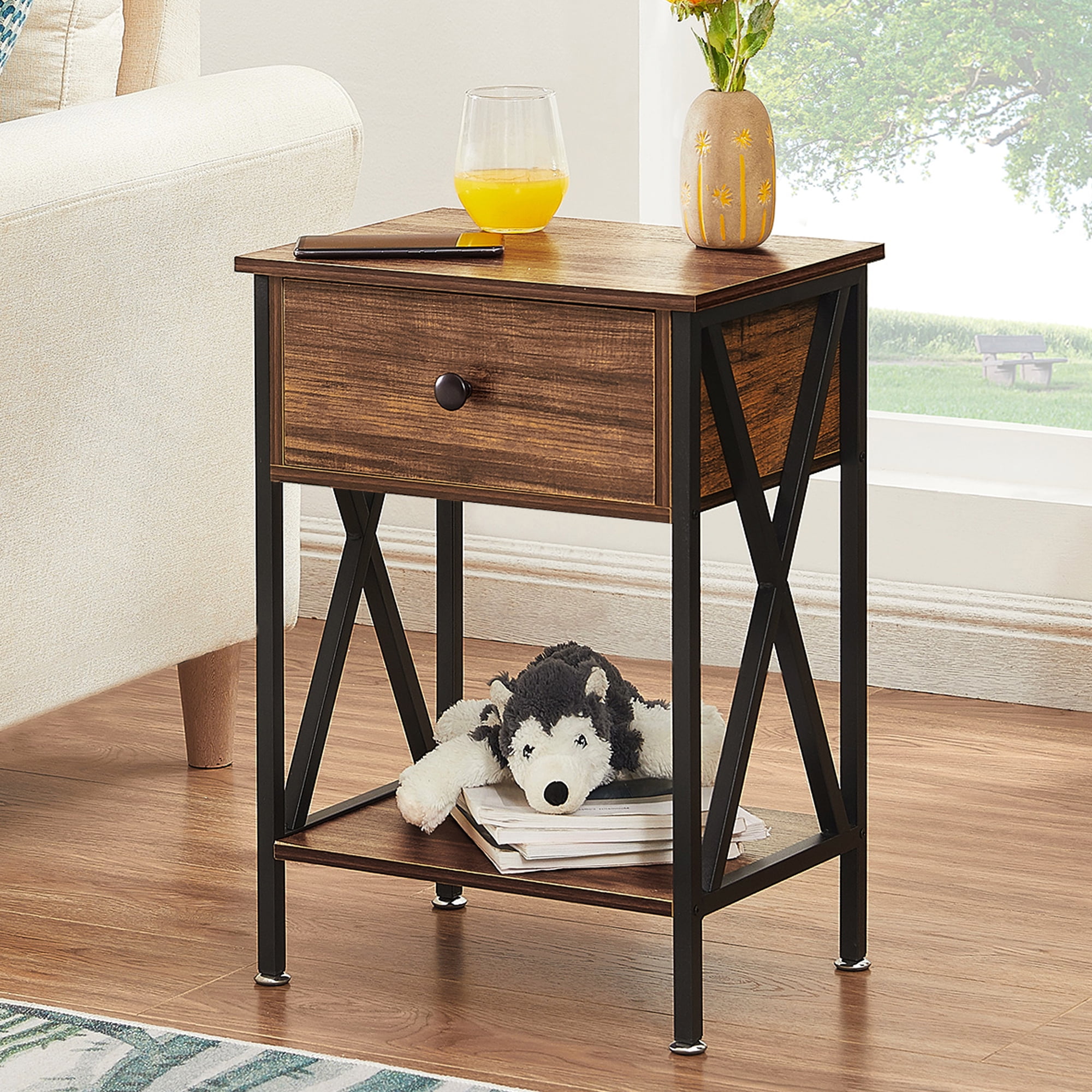 VECELO Nightstand with Drawer and Open Storage Shelves, Bedside End Table for Bedroom Living Room, Brown
