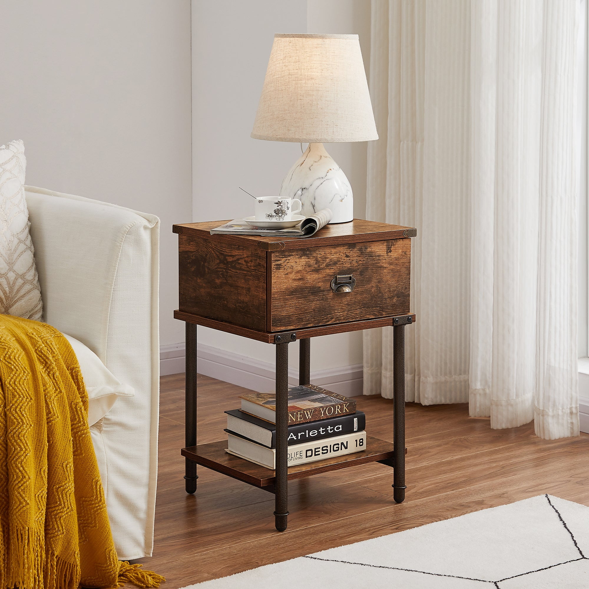 VECELO Nightstand with Drawer and Storage Shelf, End Side Table for