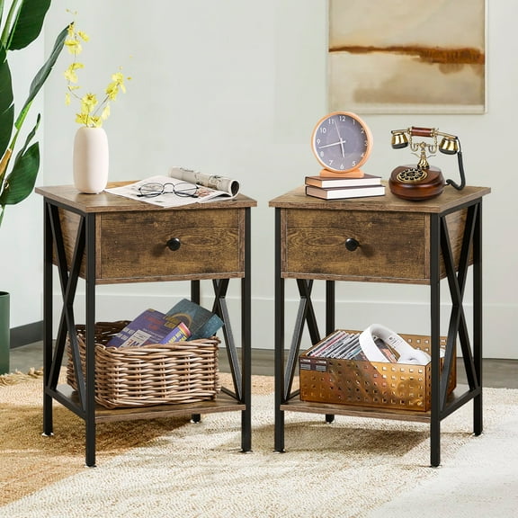 VECELO Nightstands Set of 2, Industrial End Table with 1-Drawer & Storage Shelf, Small Bedside Table Organizer for Small Space, Side Table for Bedroom Living Room, Antique Brown