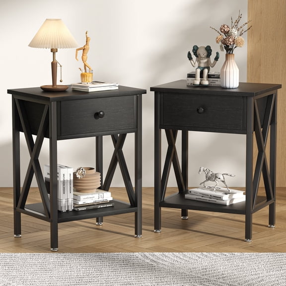 VECELO Nightstands Set of 2, Industrial End Table with 1-Drawer & Storage Shelf, Small Bedside Table Organizer for Small Space, Side Table for Bedroom Living Room, Black