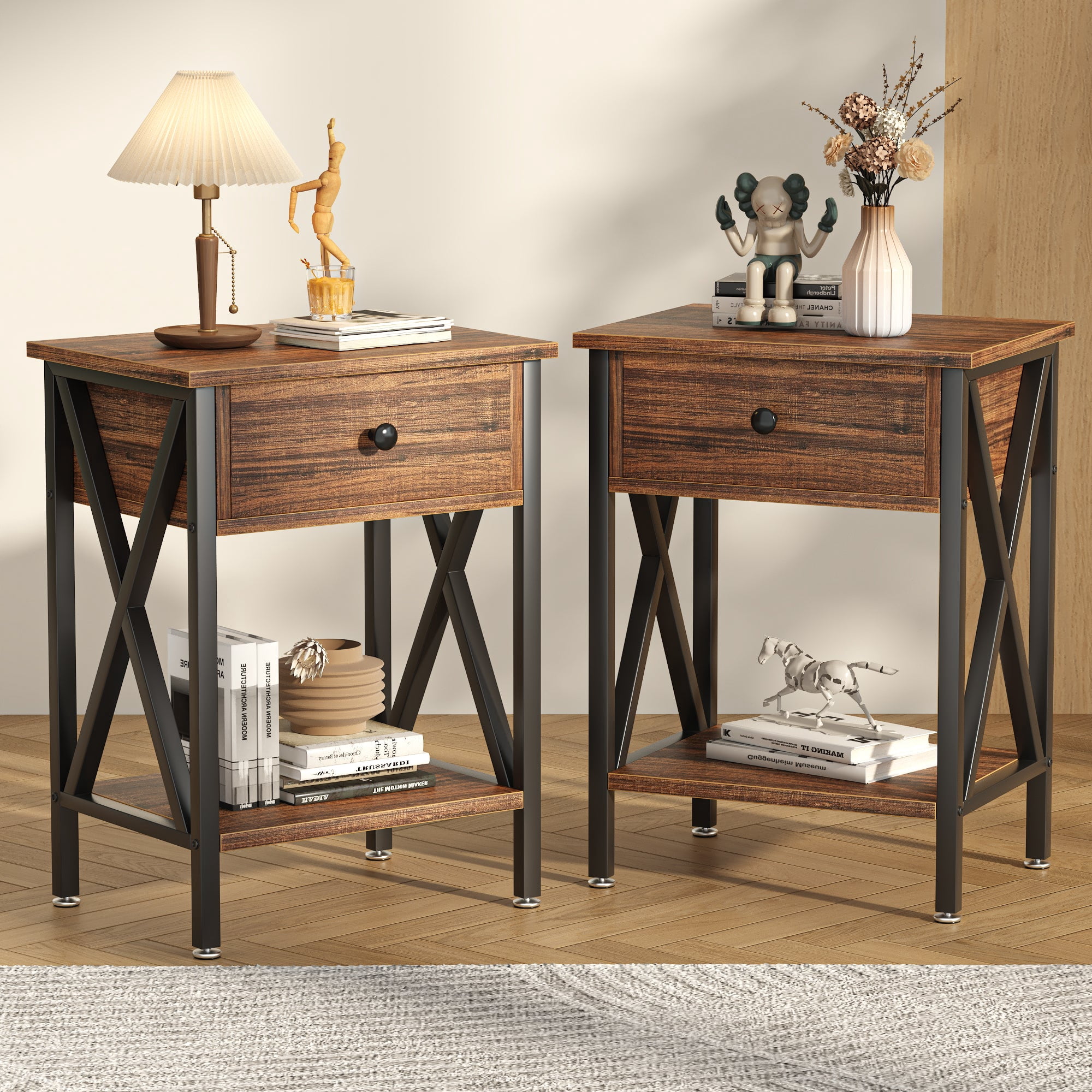 VECELO Nightstands Set of 2, Industrial End Table with 1-Drawer & Storage Shelf, Small Bedside Table Organizer for Small Space, Side Table for Bedroom Living Room, Dark Brown