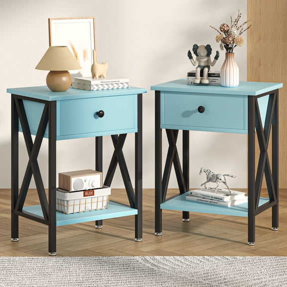 VECELO Nightstands Set of 2, Industrial End Table with 1-Drawer & Storage Shelf, Small Bedside Table Organizer for Small Space, Side Table for Bedroom Living Room, Light Blue