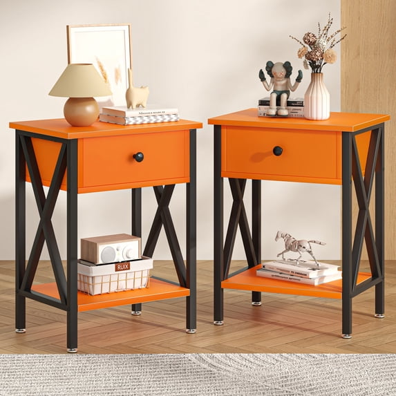 VECELO Nightstands Set of 2, Industrial End Table with 1-Drawer & Storage Shelf, Small Bedside Table Organizer for Small Space, Side Table for Bedroom Living Room, Orange