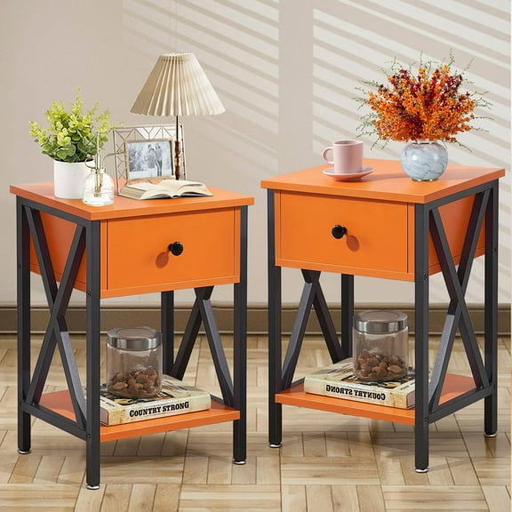 VECELO Nightstands Set of 2, Industrial End Table with 1-Drawer & Storage Shelf, Small Bedside Table Organizer for Small Space, Side Table for Bedroom Living Room, Orange