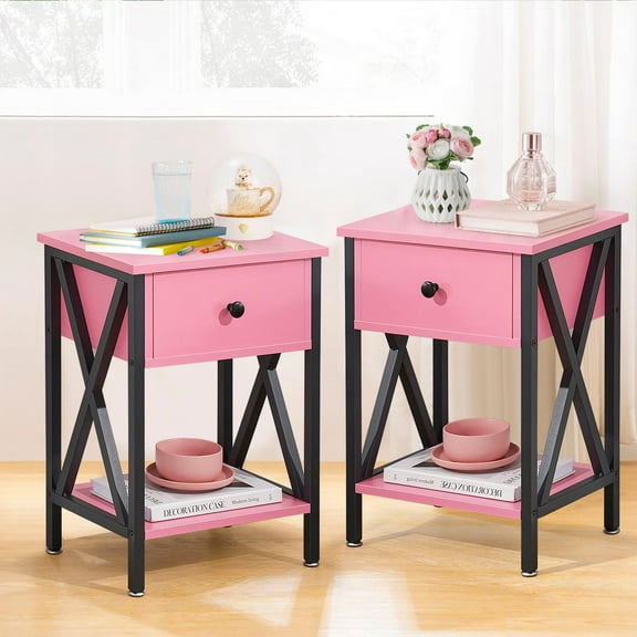 VECELO Nightstands Set of 2, Industrial End Table with 1-Drawer & Storage Shelf, Small Bedside Table Organizer for Small Space, Side Table for Bedroom Living Room, Pink