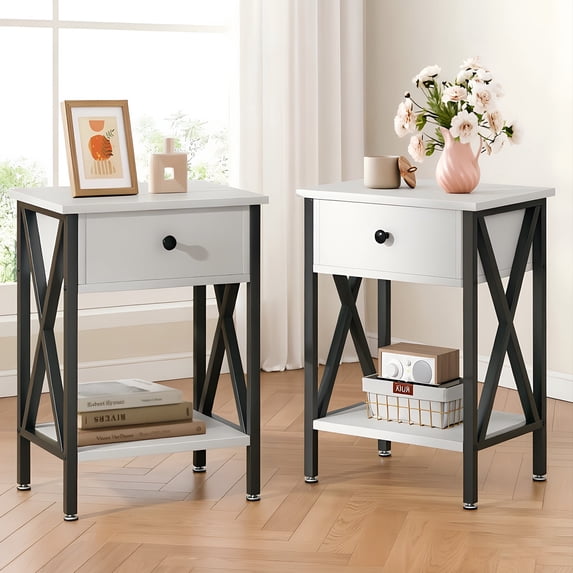VECELO Nightstands Set of 2, Industrial End Table with 1-Drawer & Storage Shelf, Small Bedside Table Organizer for Small Space, Side Table for Bedroom Living Room, White