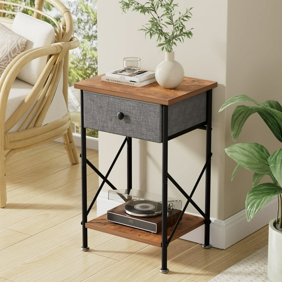 VECELO Nightstands X-Design Side End Table with Detachable Drawer, Wooden Nightstands Storage Shelf for Living Room, Bedroom, Set of 1, Brown