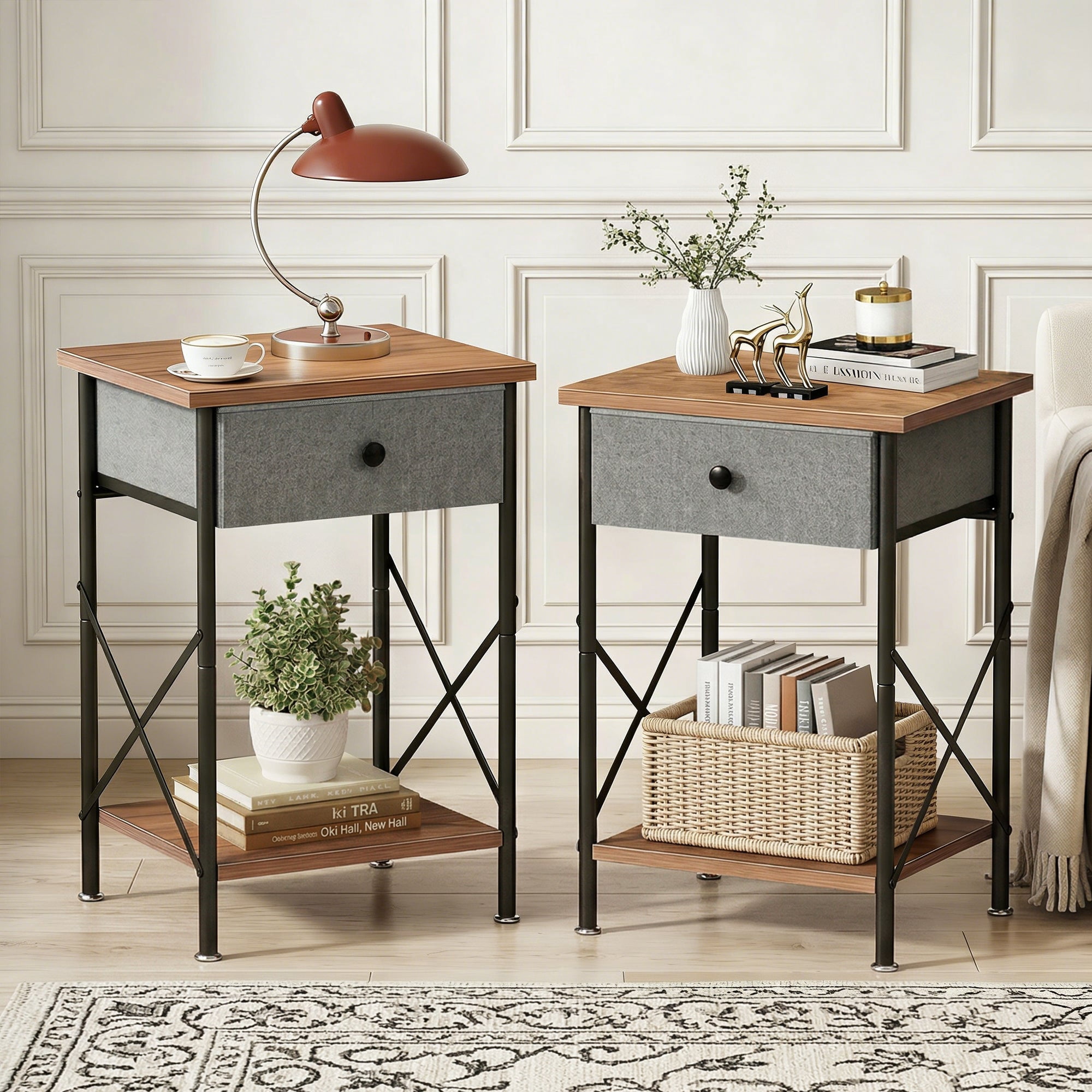 VECELO Nightstands X-Design Side End Table with Detachable Drawer, Wooden Nightstands Storage Shelf for Living Room, Bedroom, Set of 2, Brown