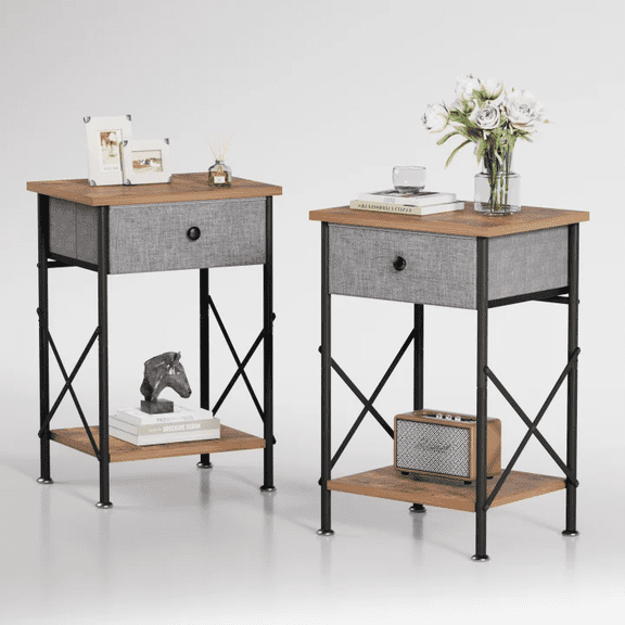 VECELO Nightstands X-Design Side End Table with Detachable Drawer, Wooden Nightstands Storage Shelf for Living Room, Bedroom, Set of 2, Brown