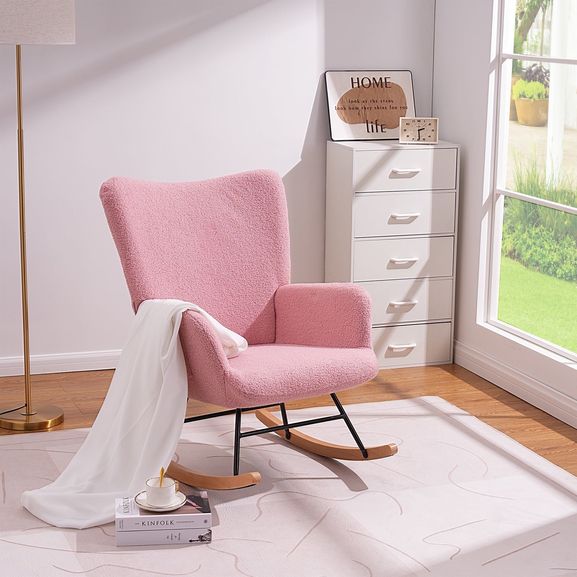 VECELO Nursery Rocking Chair Teddy Fabric Upholstered Glider Rocker with High Backrest Modern Rocking Accent Chairs Comfy Side Chair for Nursery