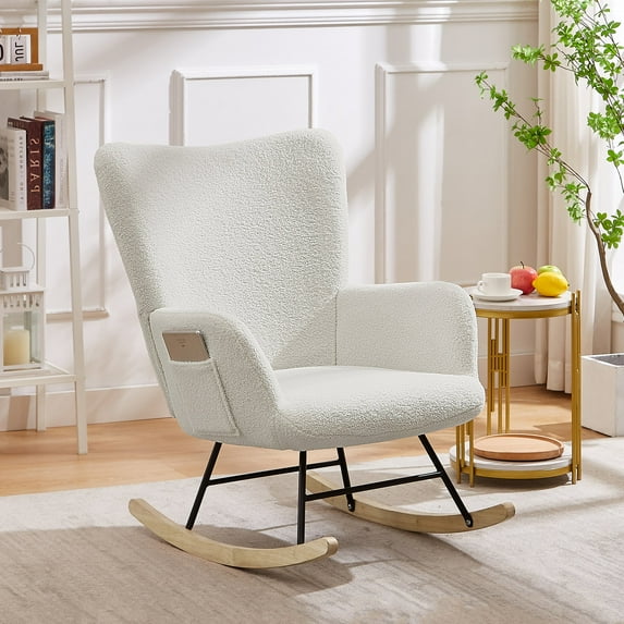 VECELO Nursery Rocking Chair, Teddy Fabric Upholstered Glider Rocker with High Backrest, Modern Rocking Accent Chairs Comfy Side Chair for Nursery, Bedroom, Living Room, White