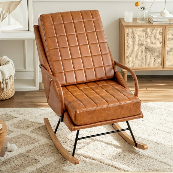 VECELO Nursery Rocking Chair with High Backrest, PU Leather Comfortable Rocker with Padded Seat for Living Room, Bedroom, Brown