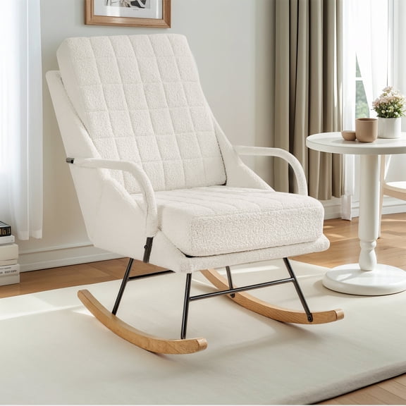 VECELO Nursery Rocking Chair with High Backrest, Teddy Upholstered Comfortable Rocker with Padded Seat for Living Room, Bedroom, White