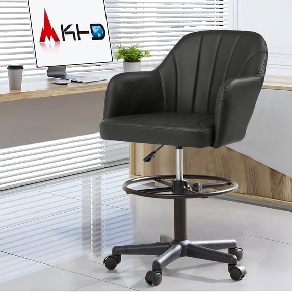VECELO Office Desk Chair with Armrest and Wheels, Modern PU Leather Height Adjustable Task Chairs, 360° Rolling Swivel Computer Chair, Black
