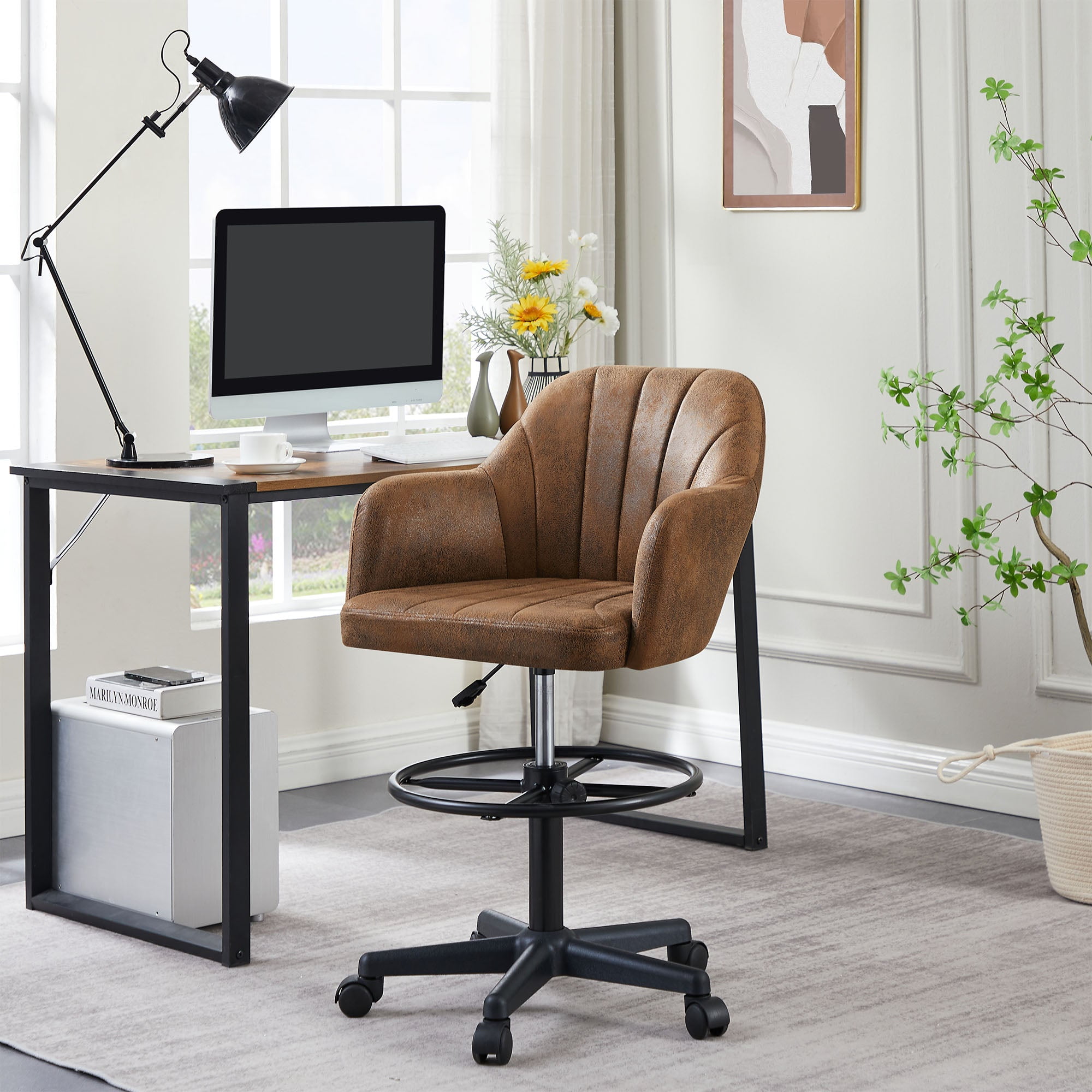 VECELO Office Desk Chair with Armrest and Wheels, Modern PU Leather