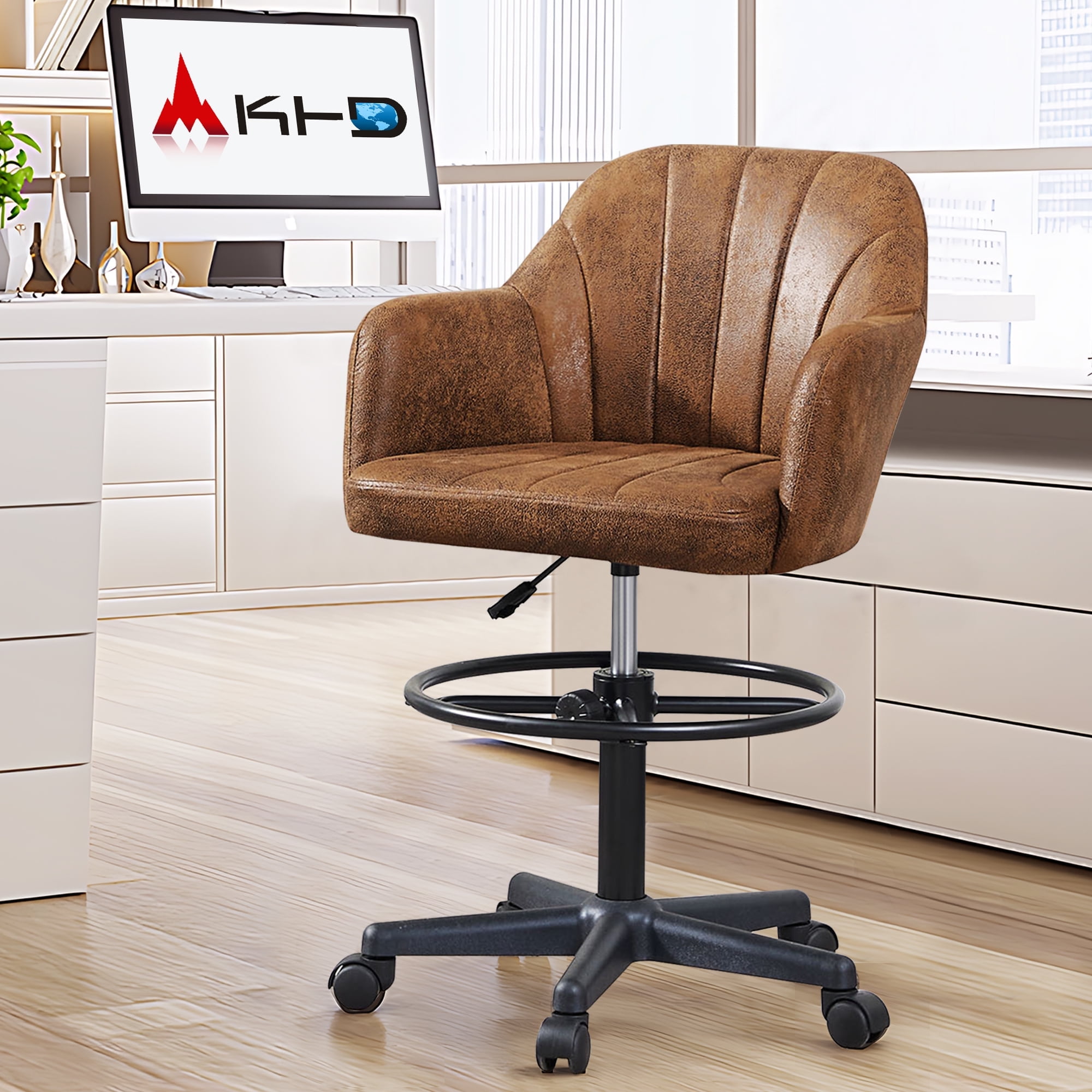 VECELO Office Desk Chair with Armrest and Wheels, Modern PU Leather ...