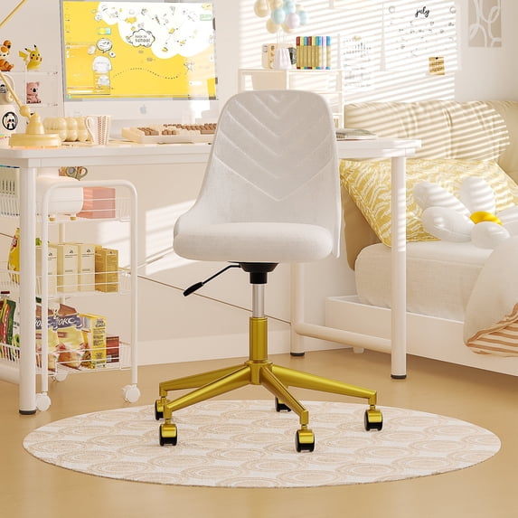 VECELO Office Swivel Chair, Upholstered Desk Chair with Adjustable Height, Rolling Task Computer Chair Makeup Vanity Chair, White