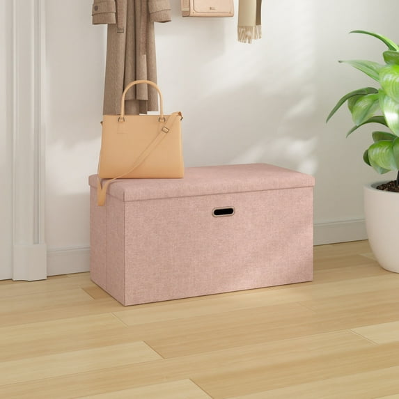 VECELO Ottoman Bench, Linen Footrest Stool, Storage Seat, Pink 29.99" L Folding Storage Ottoman
