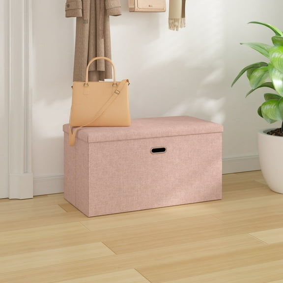 VECELO Ottoman Bench, Linen Footrest Stool, Storage Seat, Pink 29.99" L Folding Storage Ottoman